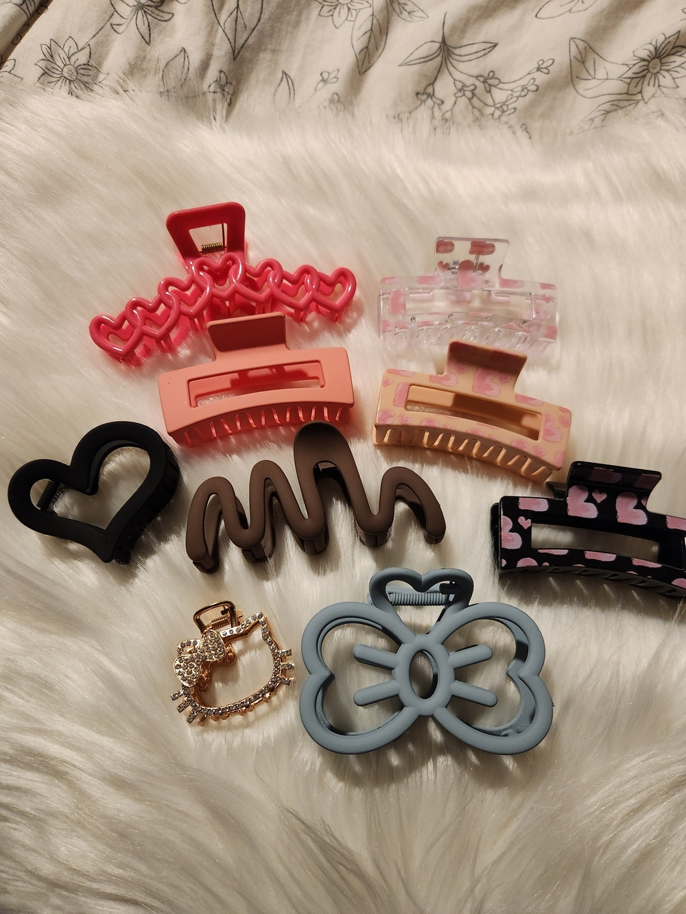 Heart & Bow Hair Clip Set - Pink, Coral, Black, Brown, Blue